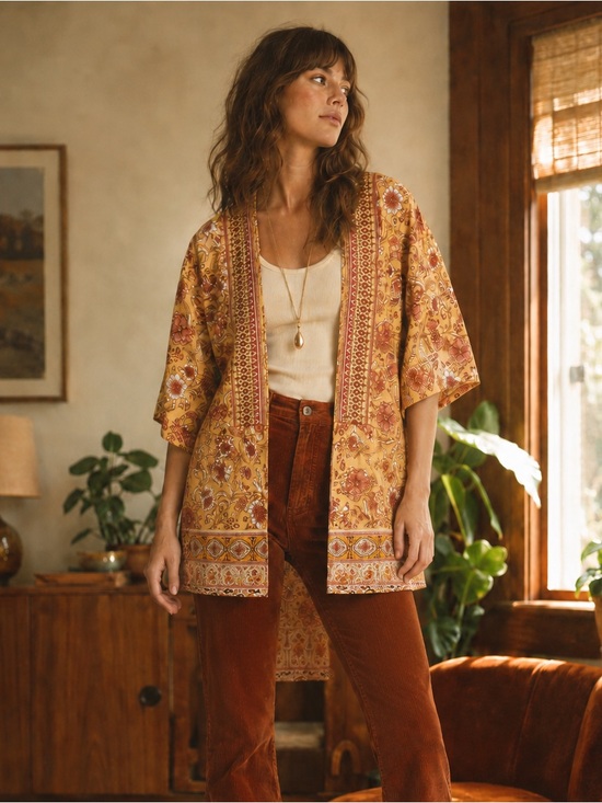 Knox Rose Sweaters - Knox Rose 70s Boho Floral Kimono Cardigan Mustard Duster Small